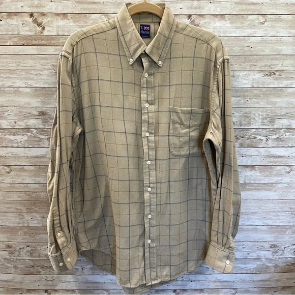 Vintage T. Harris‎ London L Long Sleeve Plaid Button Down Beige Tan - Picture 1 of 6